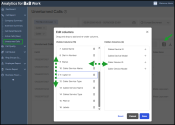 Edit Columns dialog in Unreturned Calls showing visible and hidden columns, with options to drag, remove, or add columns such as Start, End, Extension, and User Device Details